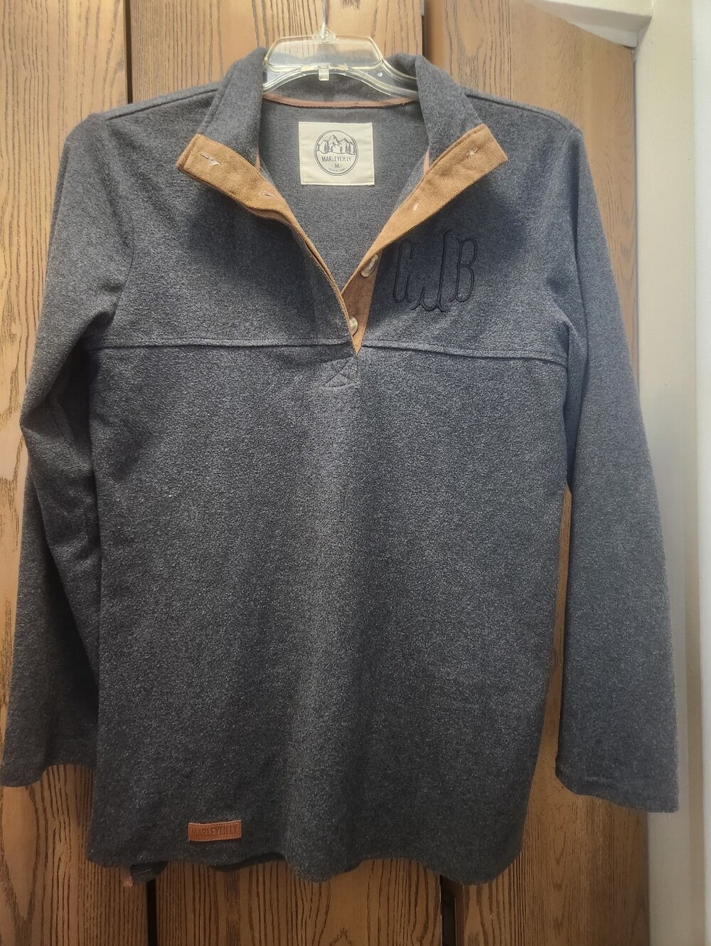 Marleylilly Unisex Charcoal Zip-Up Quarter-Snap Sweater with Tan Trim - Picture 3 of 8